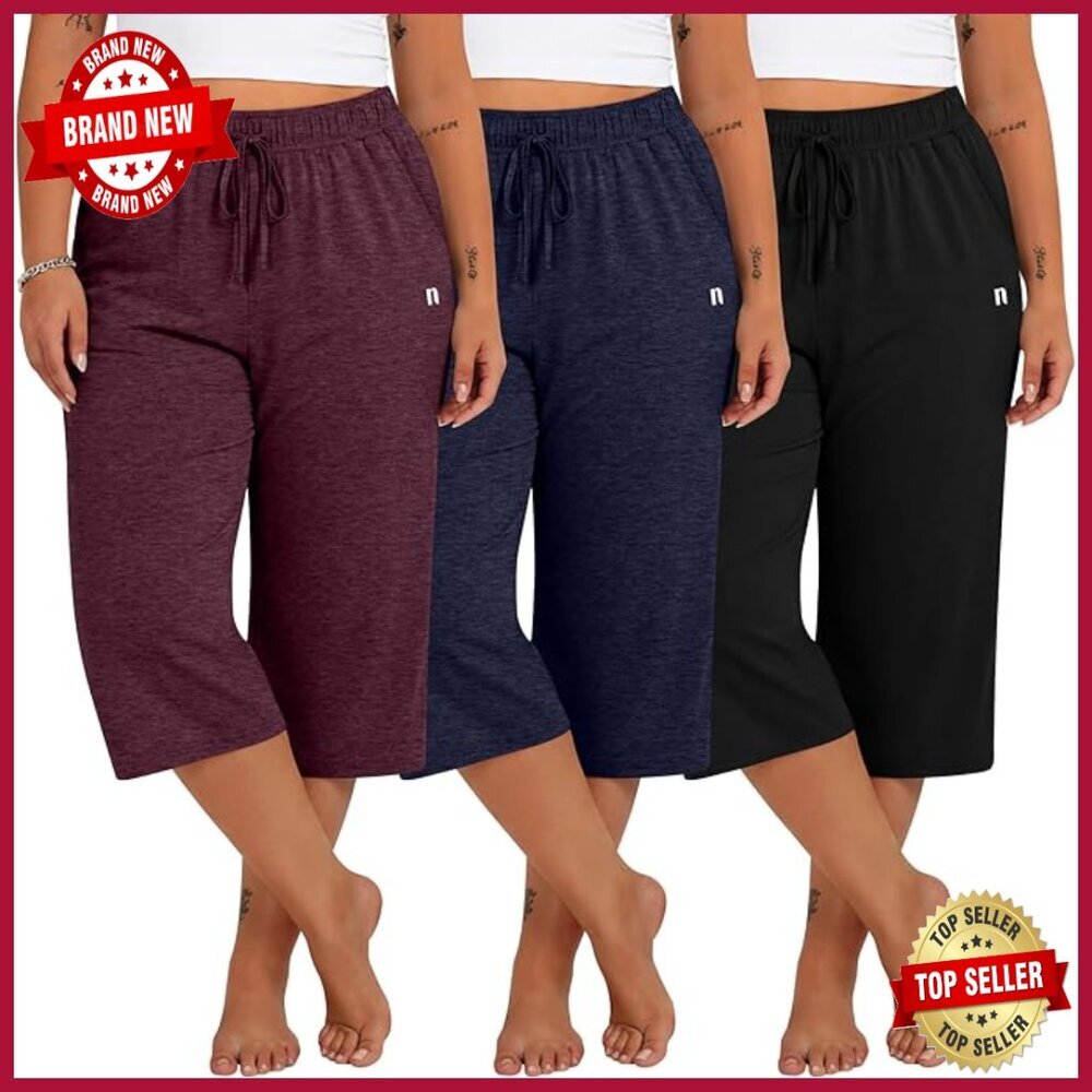 Plus Size Capri Sweatpants 3 Pack Wide Leg Drawstring Pockets Casual